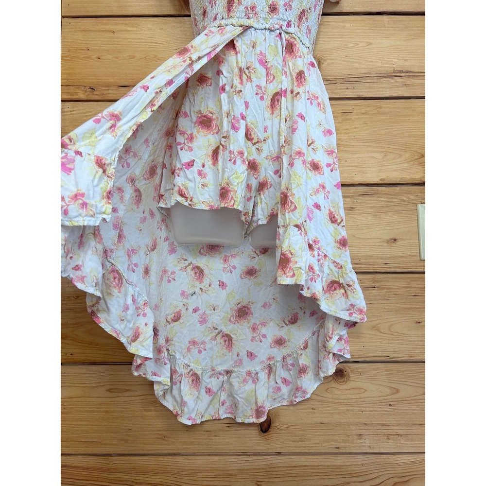 Floral High Low Romper Skort Dress Smocked Flutter Sleeve Pink Yellow Rose Print - Picture 4 of 13